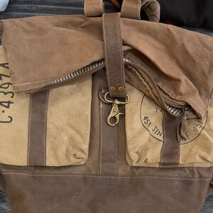 Canvas and Leather Roll-Top Backpack in Brown
